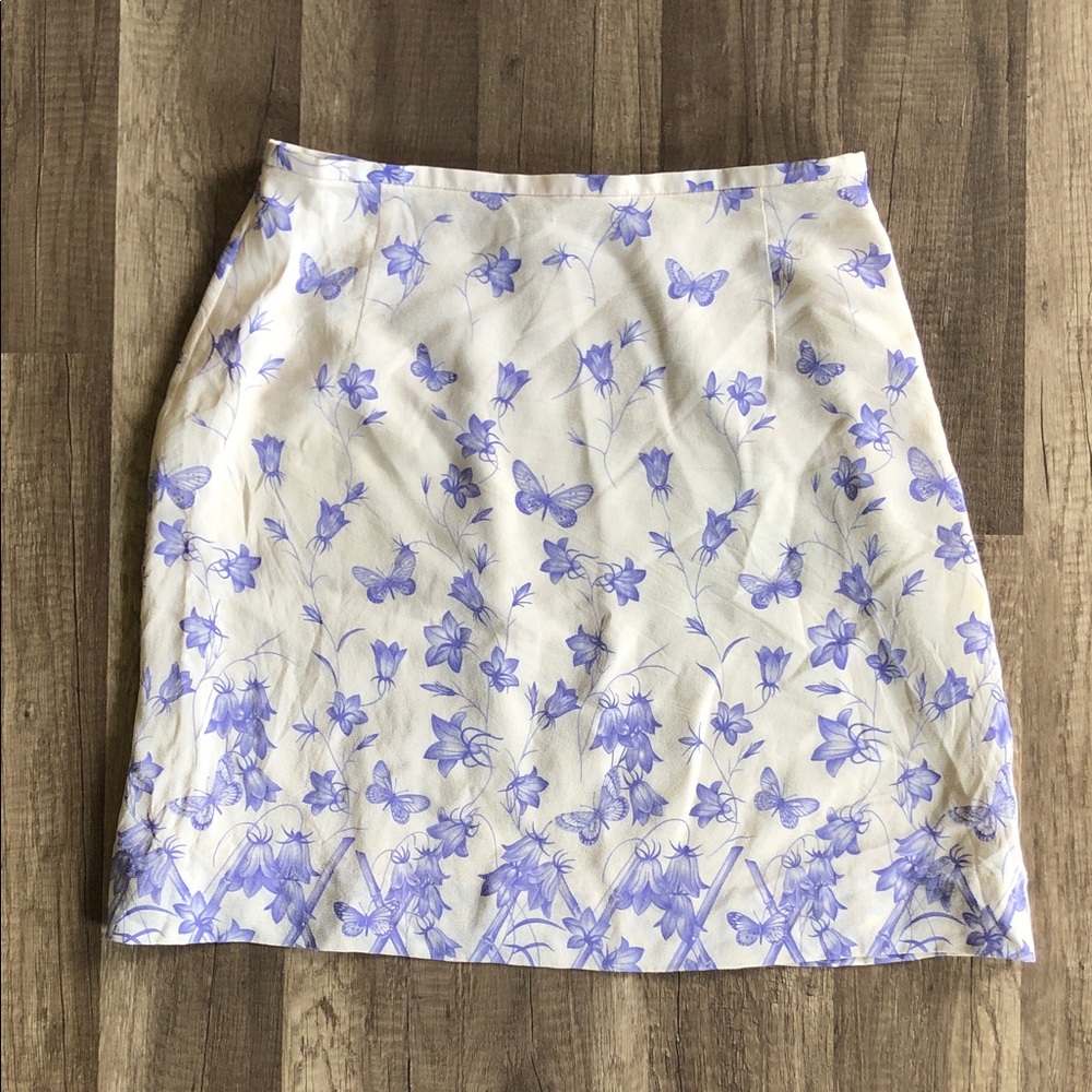 Escada Ivory and Blue Floral and Butterfly Mini Silk Skirt 36